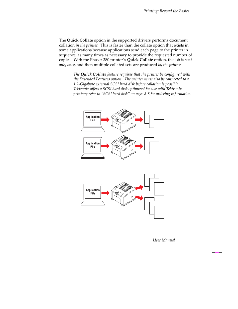 Using the quick collate option, Using the quick collate option 4-13, Es option. refer to òusing the quick collate | Tektronix PHASER 380 User Manual | Page 131 / 272