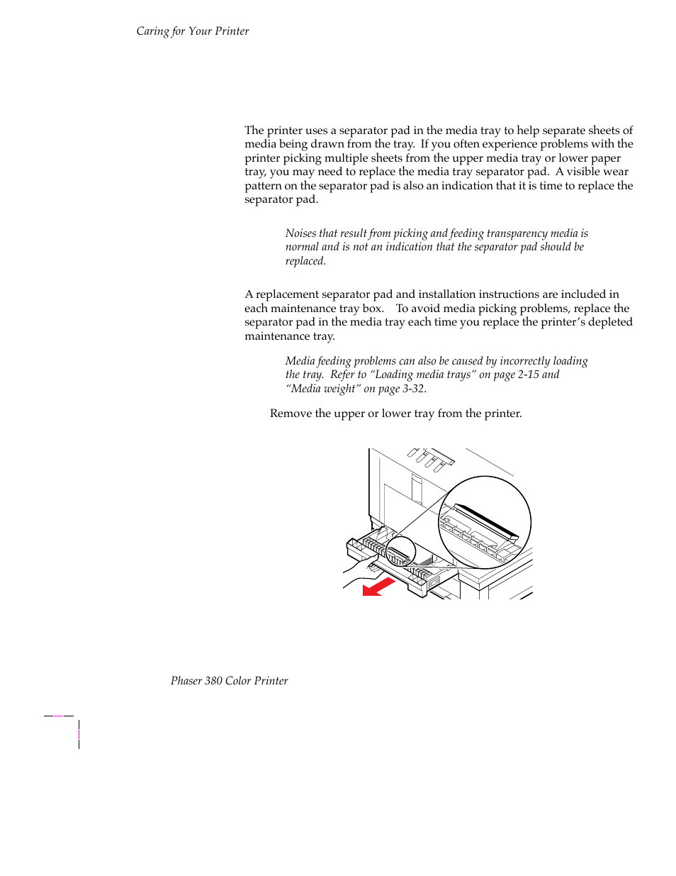 Replacing the media tray separator pad, Replacing the media tray separator pad 5-10 | Tektronix PHASER 380 User Manual | Page 146 / 272