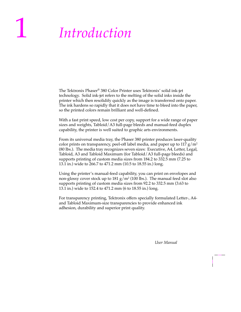 Introduction, Overview, Overview 1-1 | Tektronix PHASER 380 User Manual | Page 15 / 272