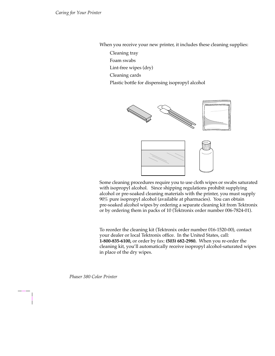 Cleaning supplies, Cleaning supplies 5-14, Reordering cleaning kit supplies 5-14 | Tektronix PHASER 380 User Manual | Page 150 / 272