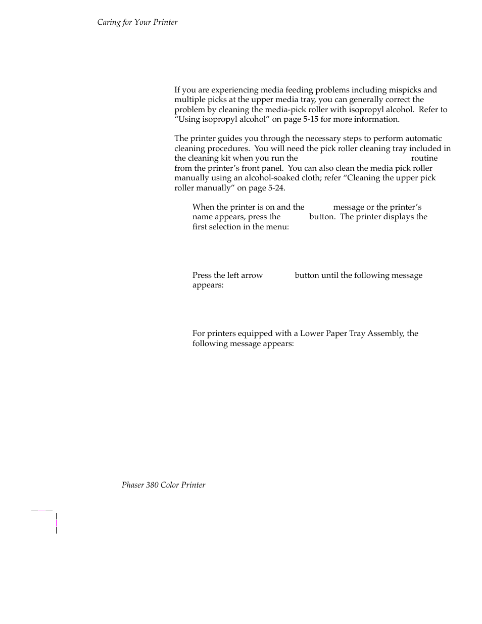 Cleaning for upper tray jams: media pick roller | Tektronix PHASER 380 User Manual | Page 156 / 272