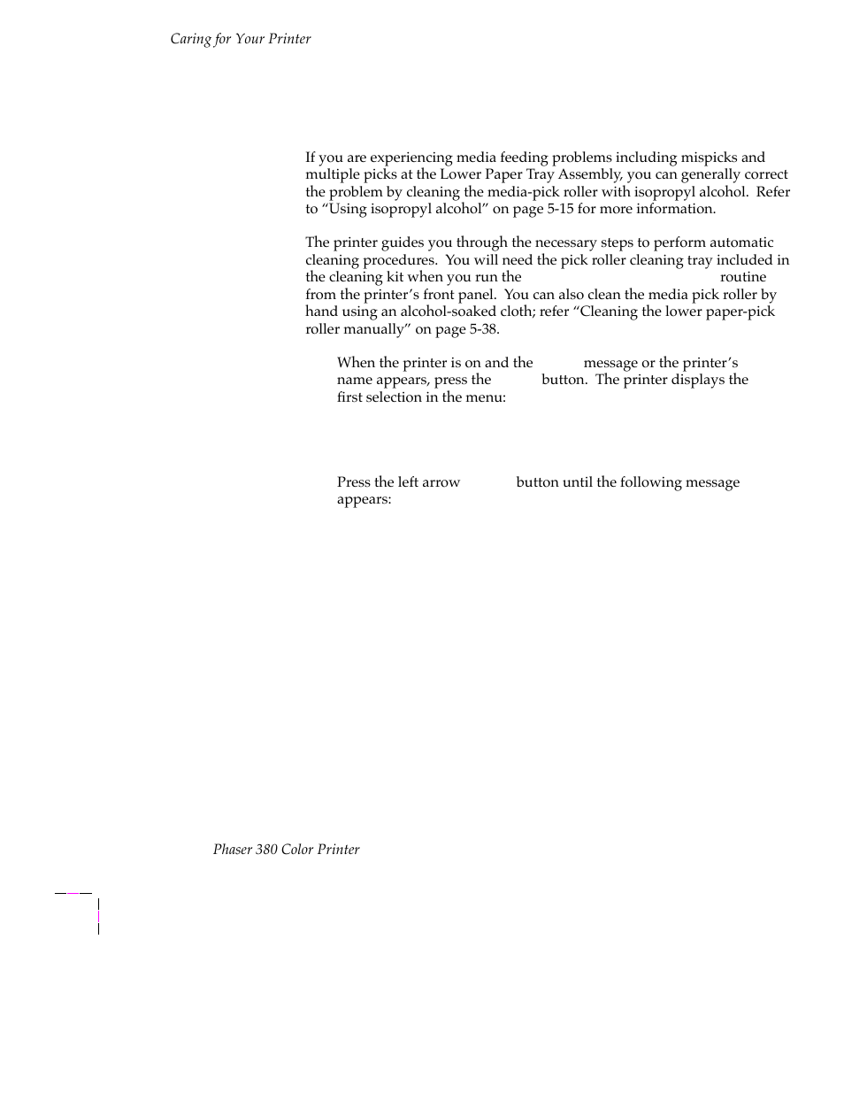 Cleaning for lower tray jams: paper pick roller | Tektronix PHASER 380 User Manual | Page 170 / 272