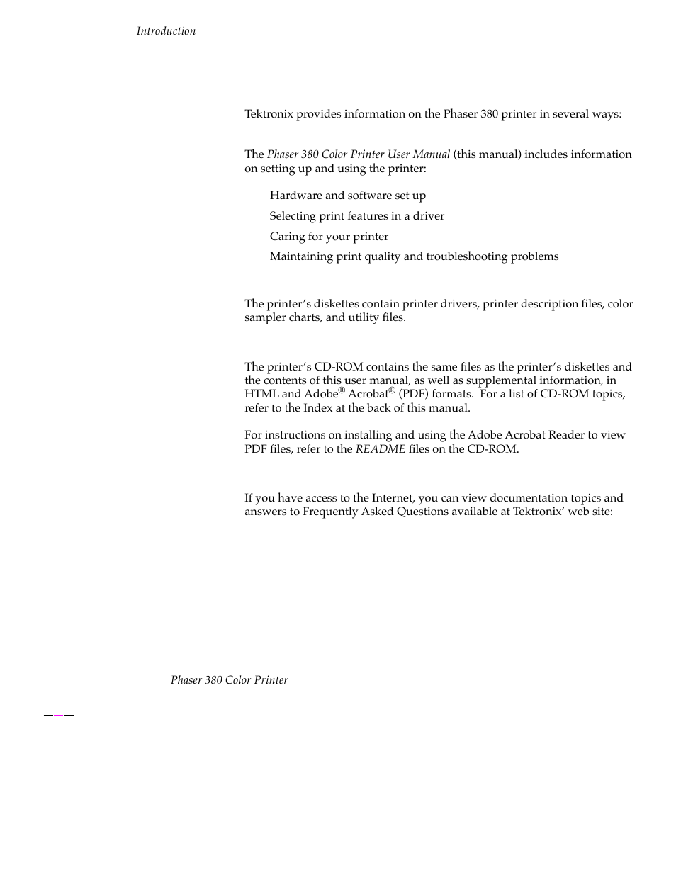 Information roadmap, Information roadmap 1-4 | Tektronix PHASER 380 User Manual | Page 18 / 272