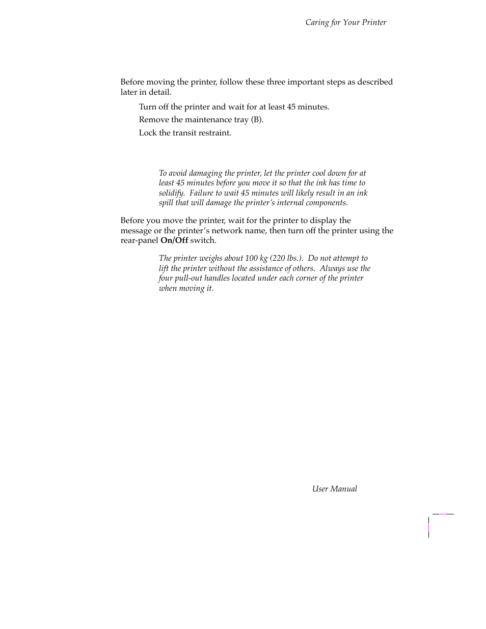 Moving your printer, Waiting 45 minutes before moving, Moving your printer 5-53 | Waiting 30 minutes before moving 5-53 | Tektronix PHASER 380 User Manual | Page 189 / 272