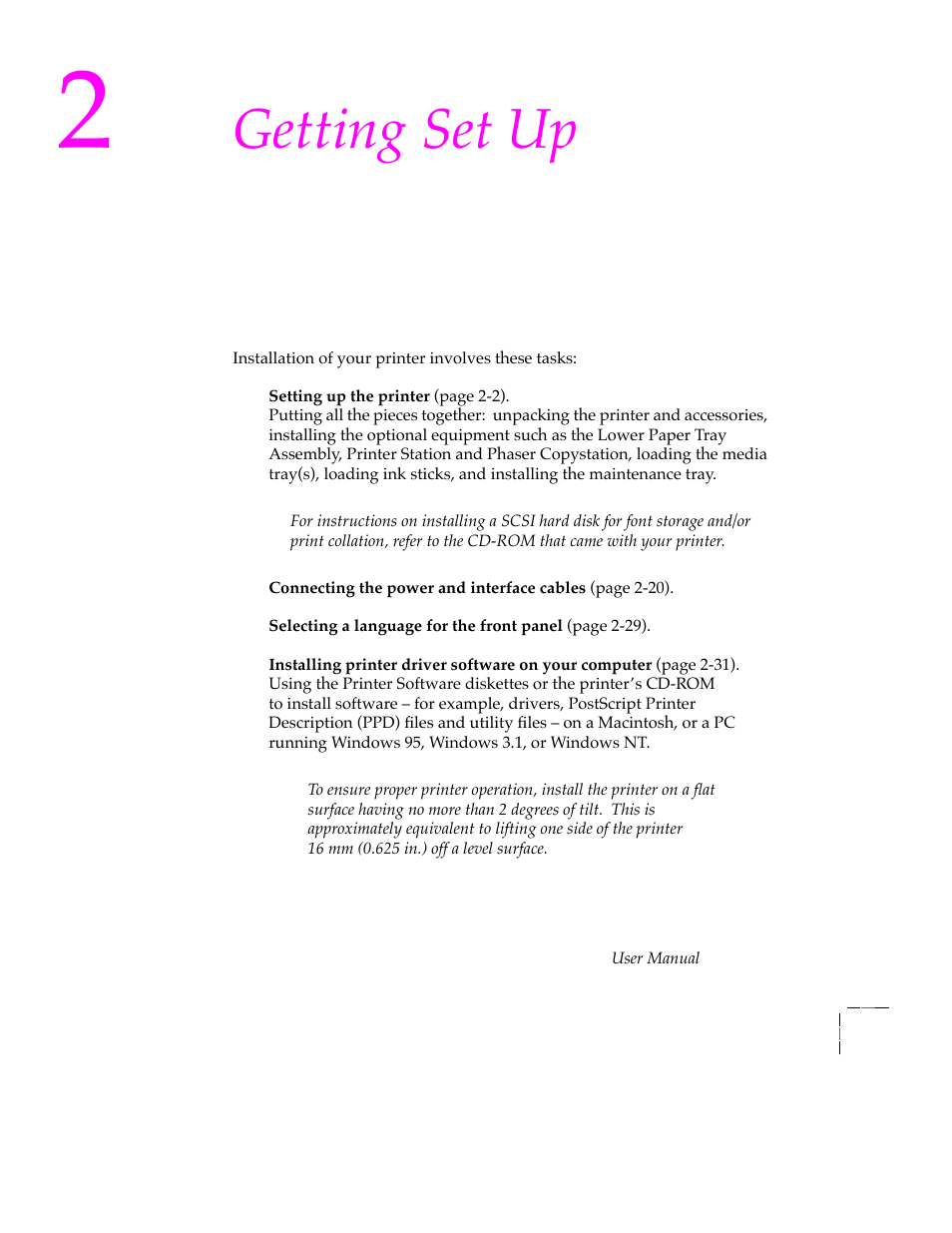 Getting set up, At a glance, At a glance 2-1 | Tektronix PHASER 380 User Manual | Page 19 / 272