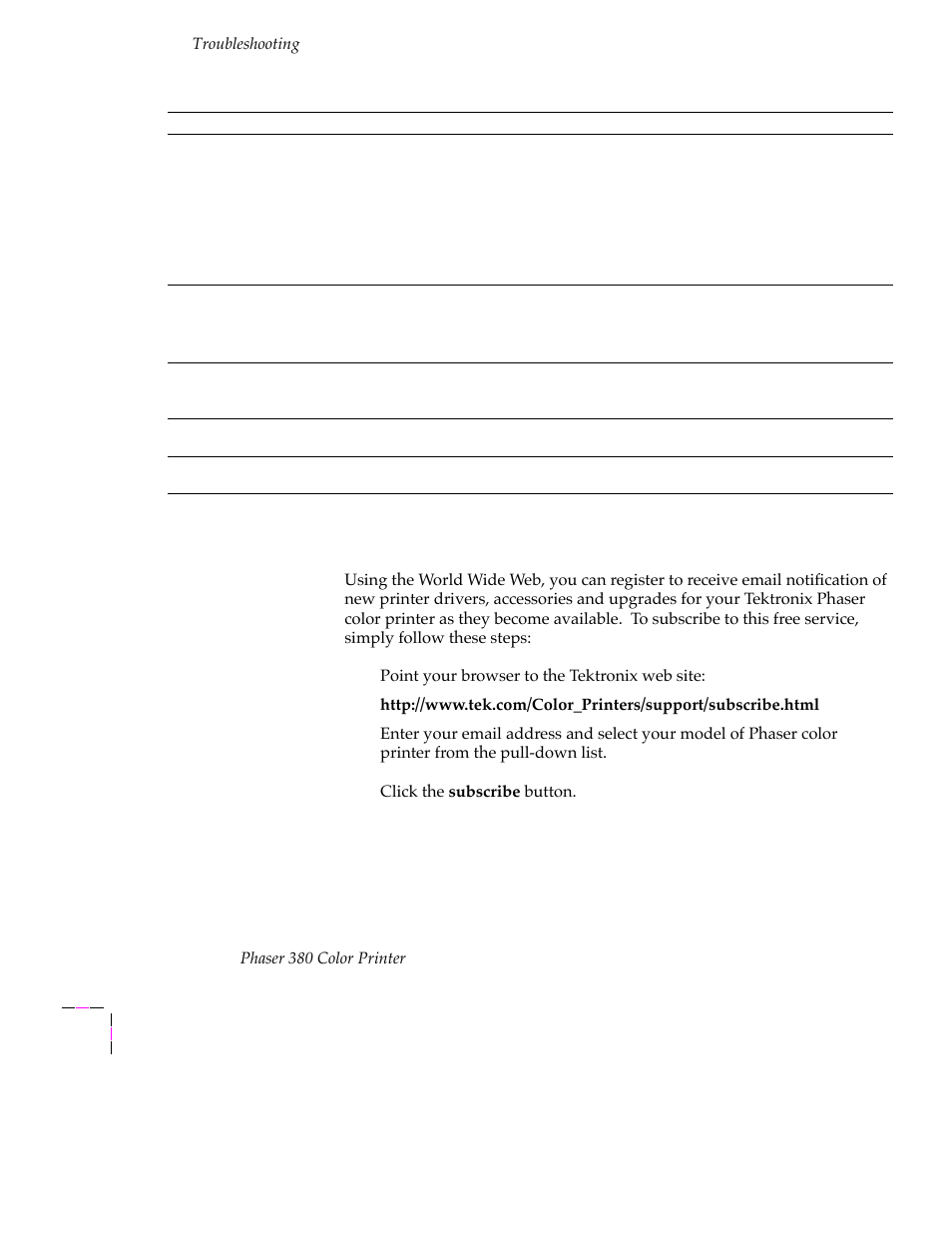 Receiving email update notices, Receiving email update notices 6-2 | Tektronix PHASER 380 User Manual | Page 194 / 272