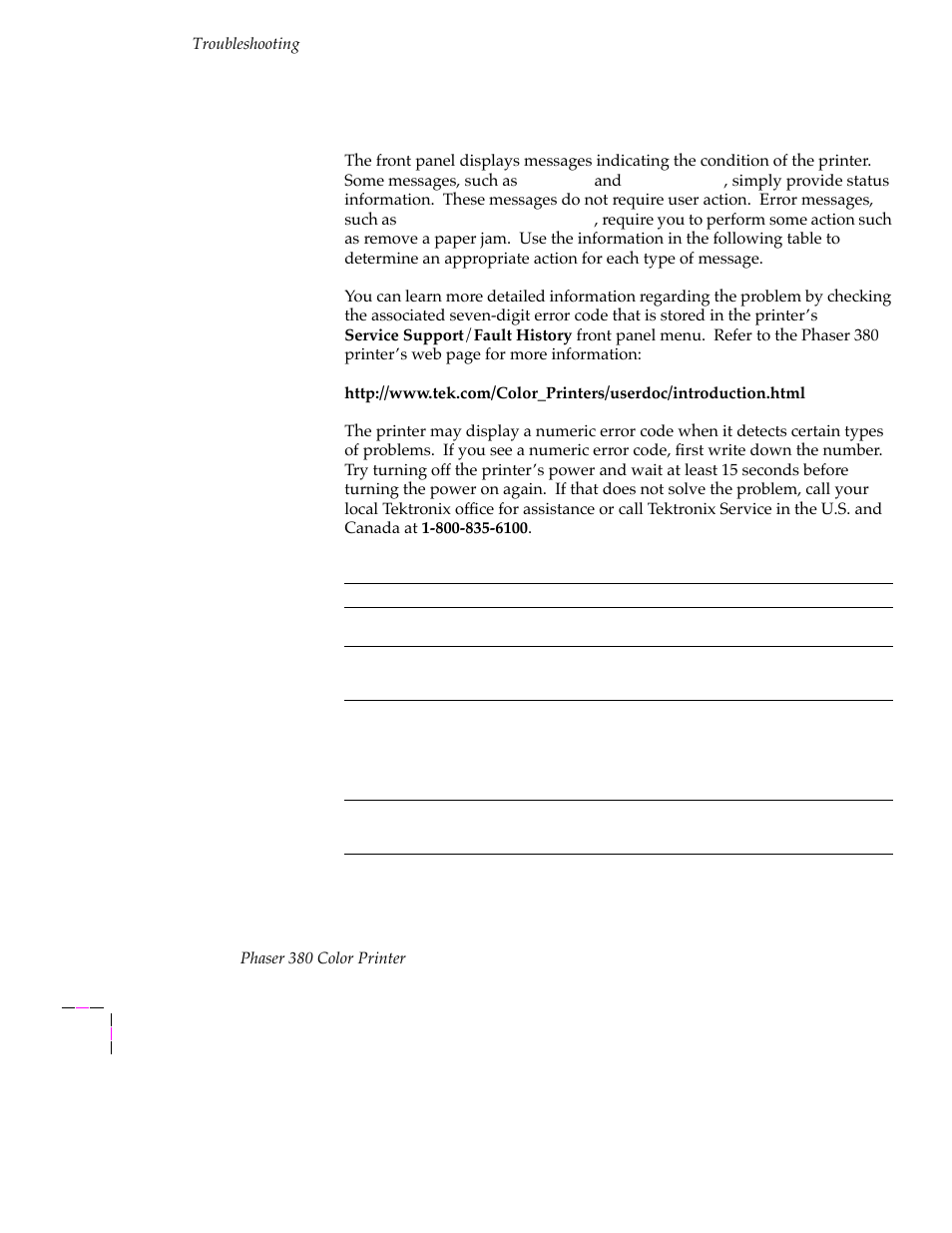 Front panel messages, Front panel messages 6-4 | Tektronix PHASER 380 User Manual | Page 196 / 272