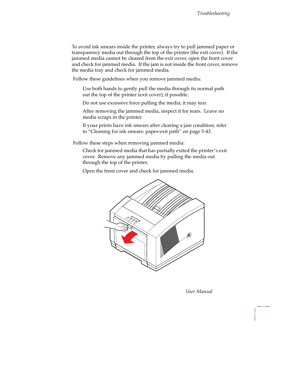 Removing jammed media, Removing jammed media 6-19 | Tektronix PHASER 380 User Manual | Page 211 / 272