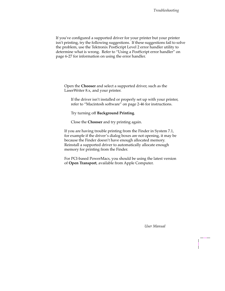 If your file doesn’t print, General things to check for, If your file doesnõt print 6-21 | General things to check for 6-21, Macintosh users 6-21 | Tektronix PHASER 380 User Manual | Page 213 / 272