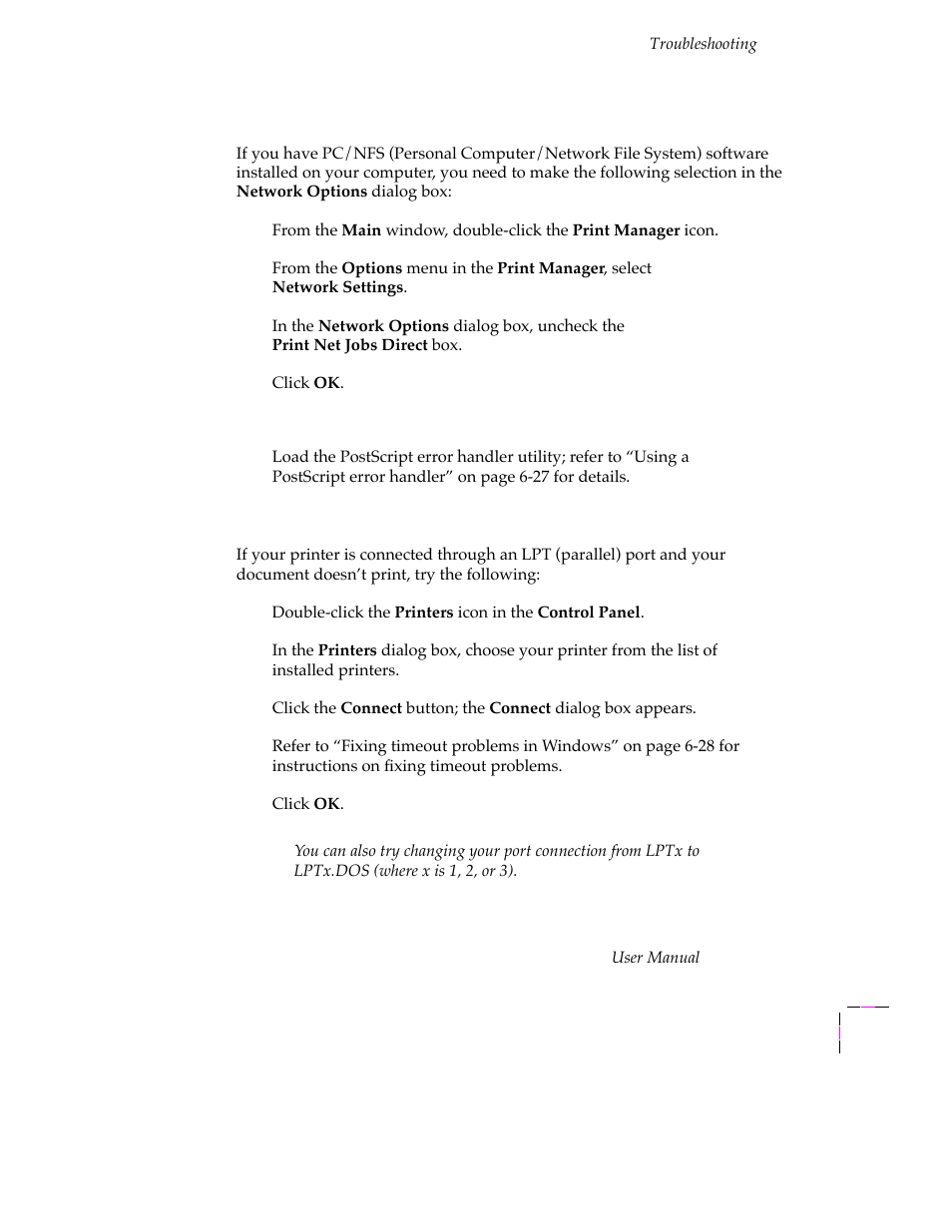 If you are using pc/nfs, If you can’t print from windows to an lpt port, Windows 3.1 6-23 | Tektronix PHASER 380 User Manual | Page 215 / 272