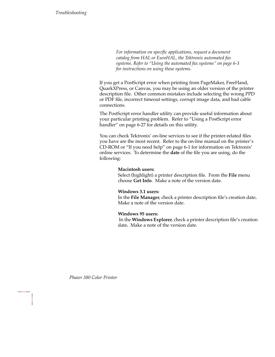 Postscript printing errors, Postscript printing errors 6-26 | Tektronix PHASER 380 User Manual | Page 218 / 272