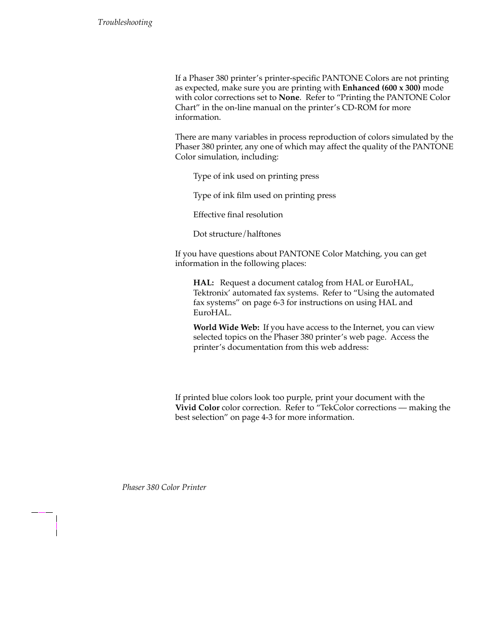 Printing pantone colors, Blue colors look too purple | Tektronix PHASER 380 User Manual | Page 224 / 272