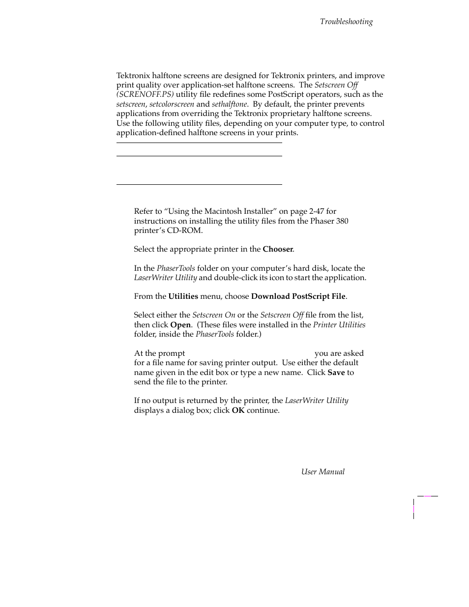 Using the tektronix halftone screens, Using the tektronix halftone screens 6-33, Macintosh users 6-33 | Tektronix PHASER 380 User Manual | Page 225 / 272