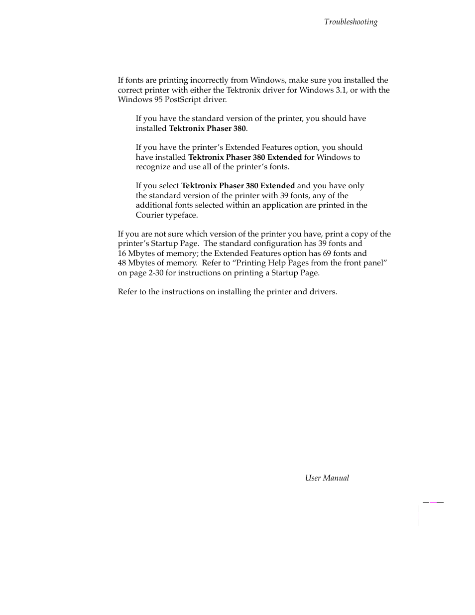 Fonts printing incorrectly from windows, Fonts printing incorrectly from windows 6-37 | Tektronix PHASER 380 User Manual | Page 229 / 272