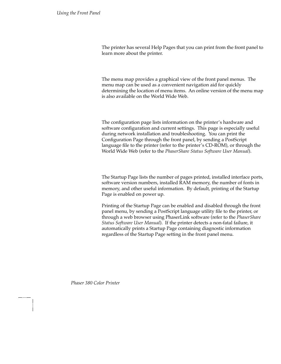 Menu map, Printer help pages, Configuration page | Startup page | Tektronix PHASER 380 User Manual | Page 238 / 272