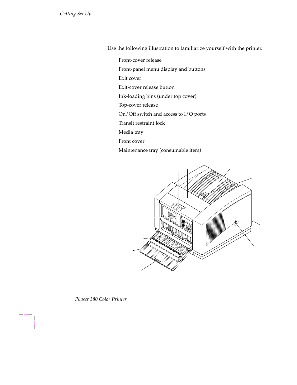 Touring the printer, Touring the printer 2-6 | Tektronix PHASER 380 User Manual | Page 24 / 272