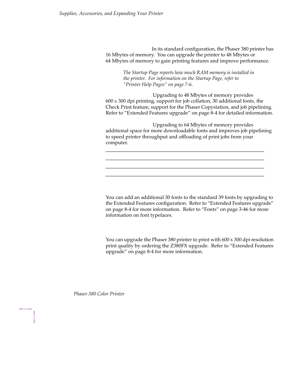 Memory upgrade, Font upgrade, 600 x 300 dpi upgrade | Es option. see òfont upgradeó on | Tektronix PHASER 380 User Manual | Page 248 / 272