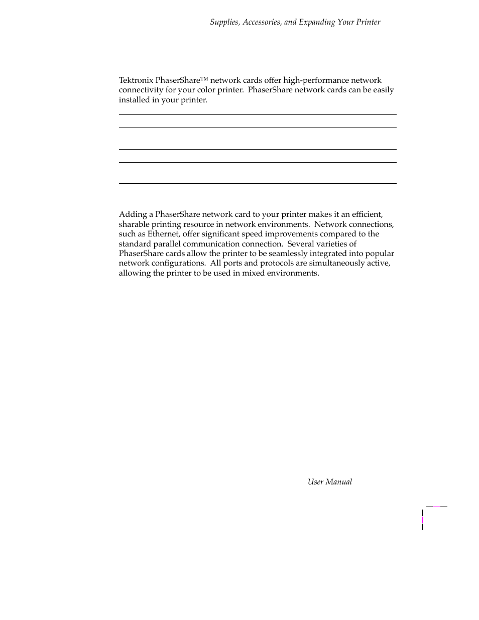 Phasershare network cards (recommended), Benefits of networking the printer, Phasershare network cards (recommended) 8-7 | Benefits of networking the printer 8-7 | Tektronix PHASER 380 User Manual | Page 249 / 272