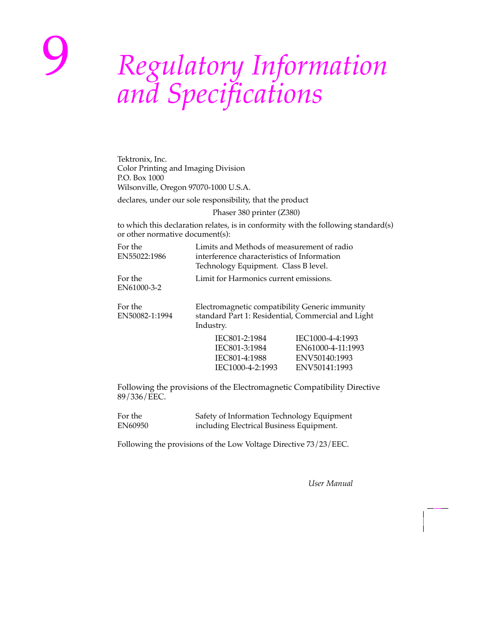 Regulatory information and specifications, Declaration of conformity, Declaration of conformity 9-1 | Tektronix PHASER 380 User Manual | Page 253 / 272