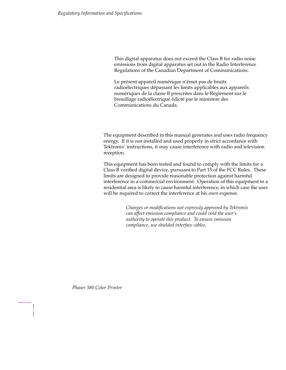 Fcc class b warning (for 115 vac equipment), Canadian emc (electromagnetic compatibility) | Tektronix PHASER 380 User Manual | Page 254 / 272