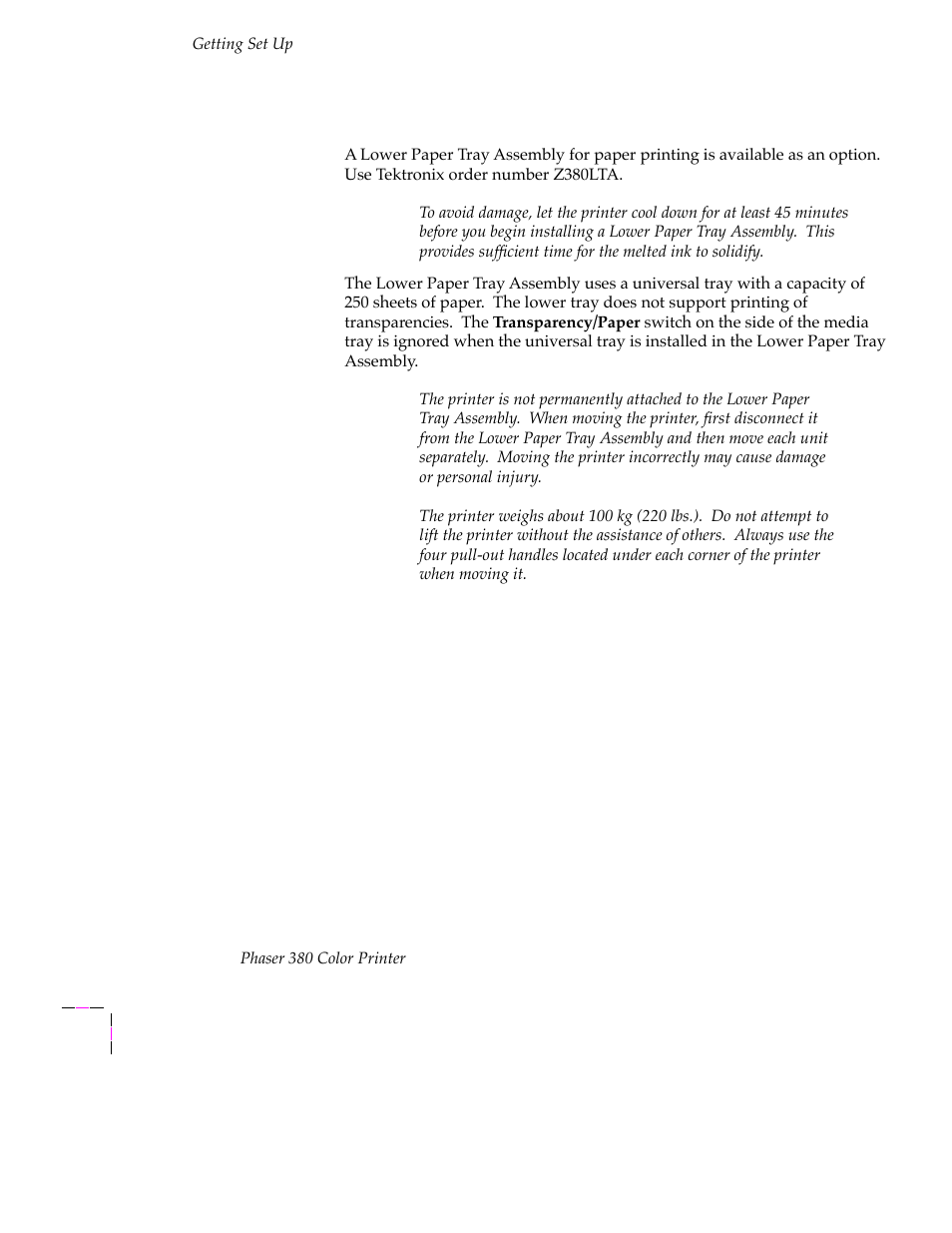 Installing the optional lower paper tray assembly | Tektronix PHASER 380 User Manual | Page 26 / 272