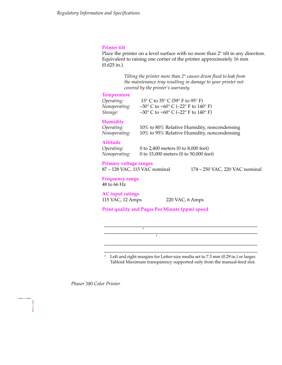 Specifications, Specifications 9-8 | Tektronix PHASER 380 User Manual | Page 260 / 272
