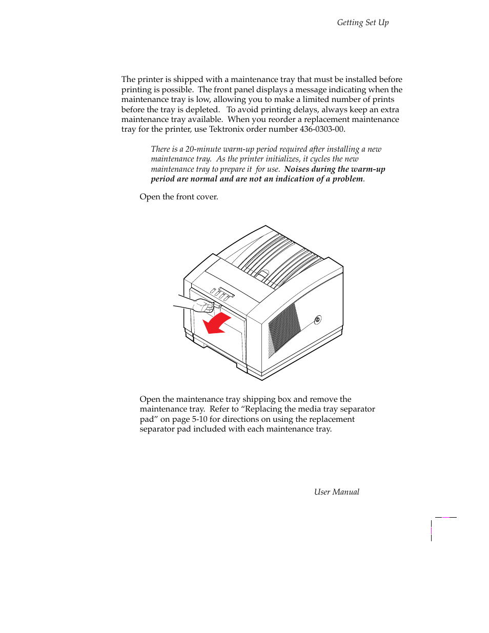 Installing the maintenance tray, Installing the maintenance tray 2-11 | Tektronix PHASER 380 User Manual | Page 29 / 272