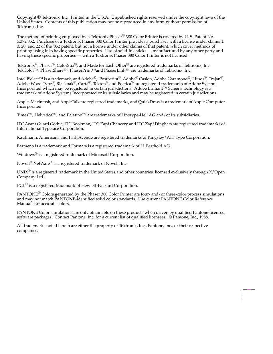 Copyright | Tektronix PHASER 380 User Manual | Page 3 / 272