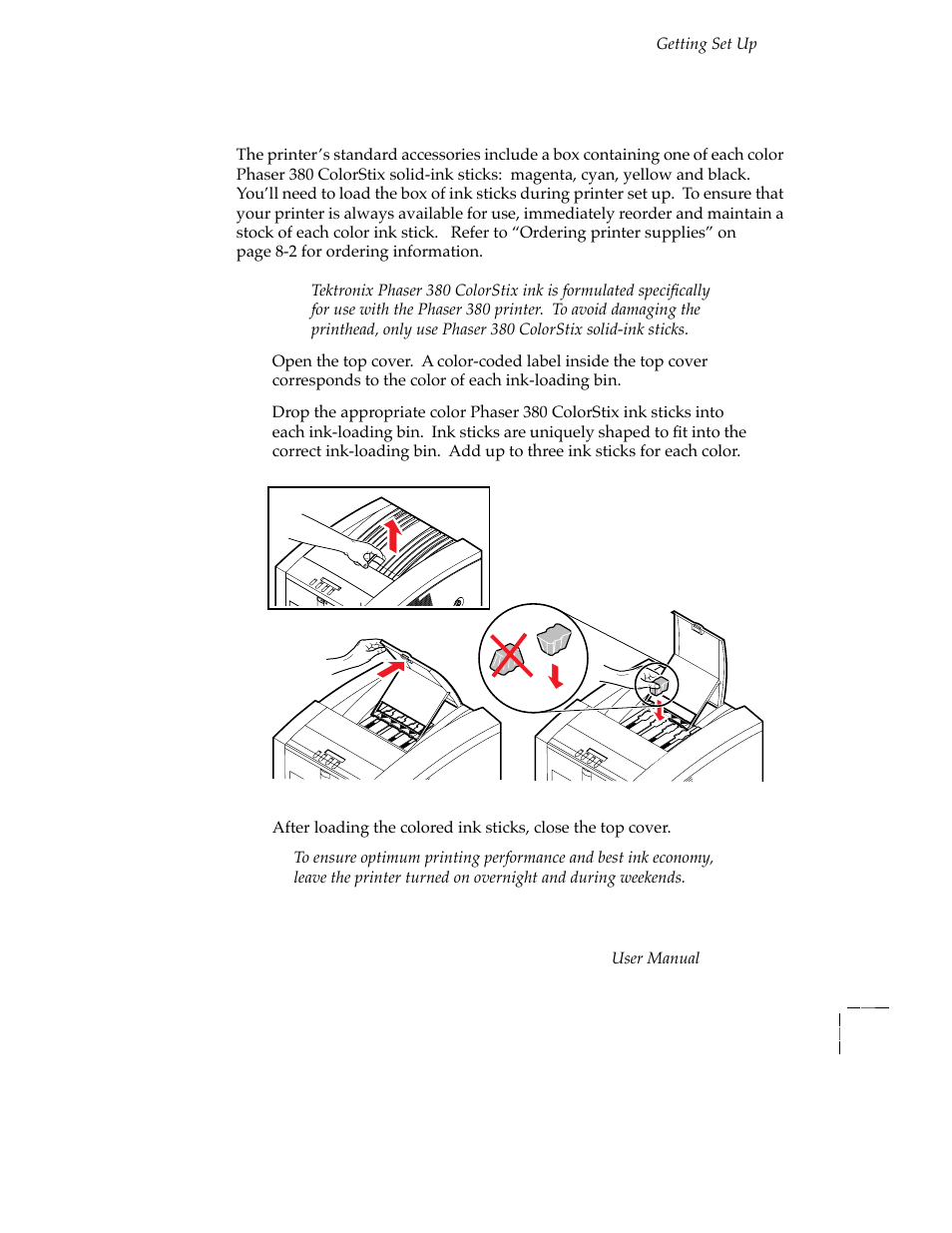 Loading ink sticks, Loading ink sticks 2-13 | Tektronix PHASER 380 User Manual | Page 31 / 272