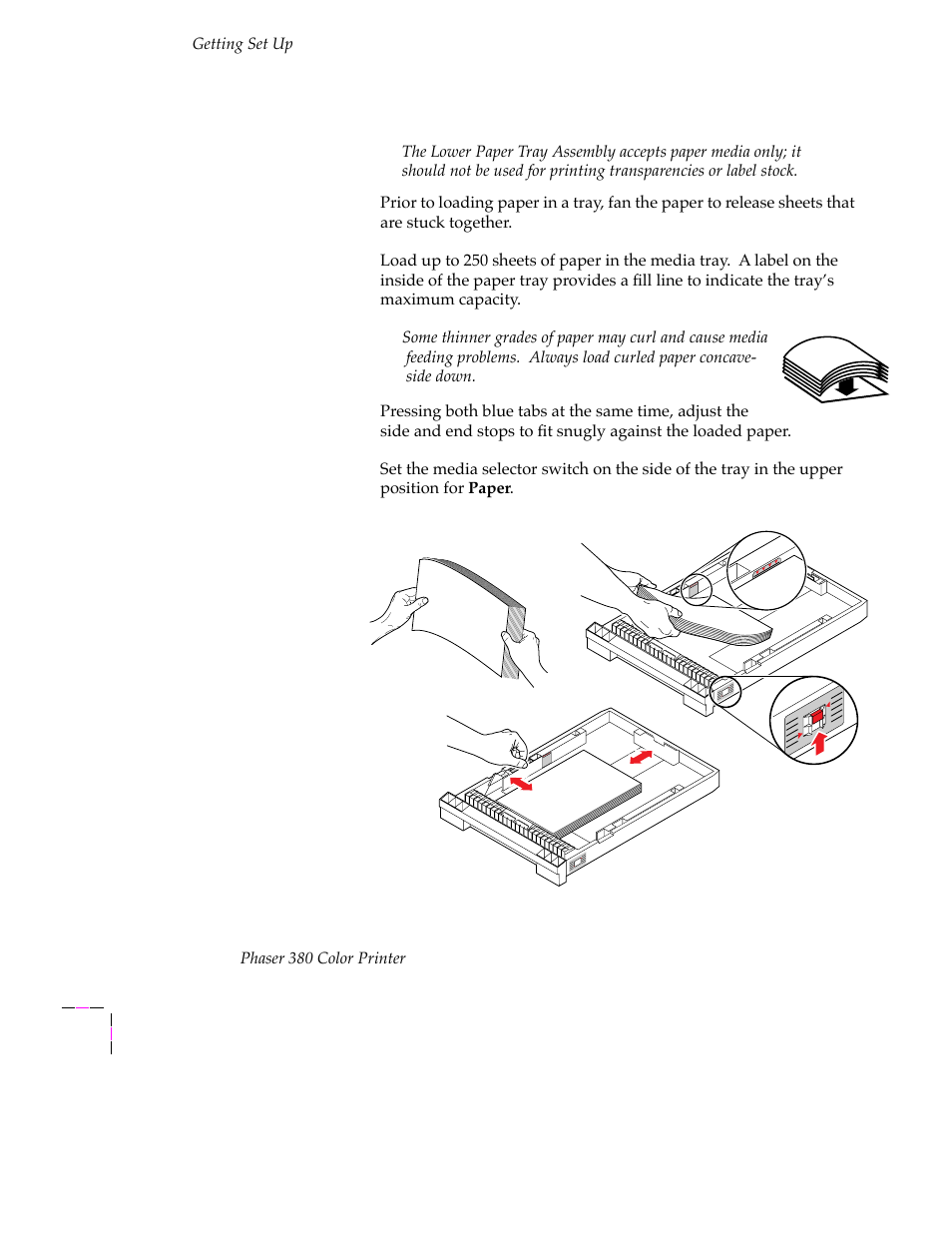 Loading paper in the upper and lower trays 2-16 | Tektronix PHASER 380 User Manual | Page 34 / 272