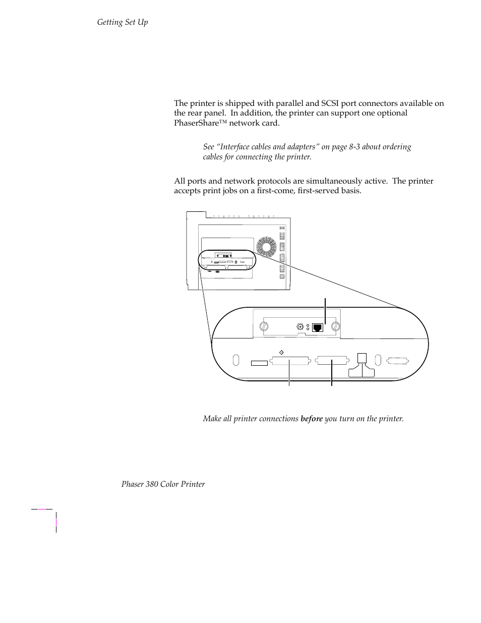 Connecting the printer, Printer ports, Connecting the printer 2-20 | Printer ports 2-20, Getting set up, Phaser 380 color printer | Tektronix PHASER 380 User Manual | Page 38 / 272