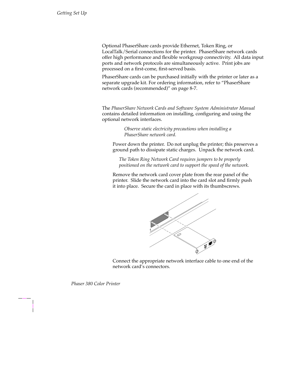 Phasershare network and serial connections, Phasershare network and serial connections 2-22, Installing phasershareª network cards 2-22 | Tektronix PHASER 380 User Manual | Page 40 / 272