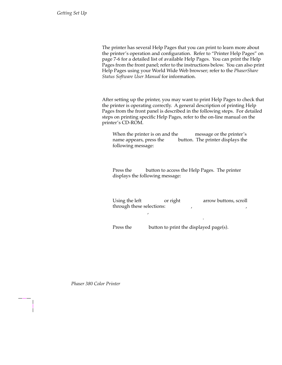 Help pages overview | Tektronix PHASER 380 User Manual | Page 48 / 272