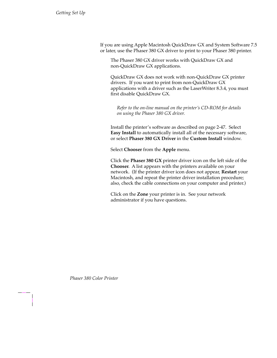 Setting up the phaser 380 gx driver | Tektronix PHASER 380 User Manual | Page 68 / 272