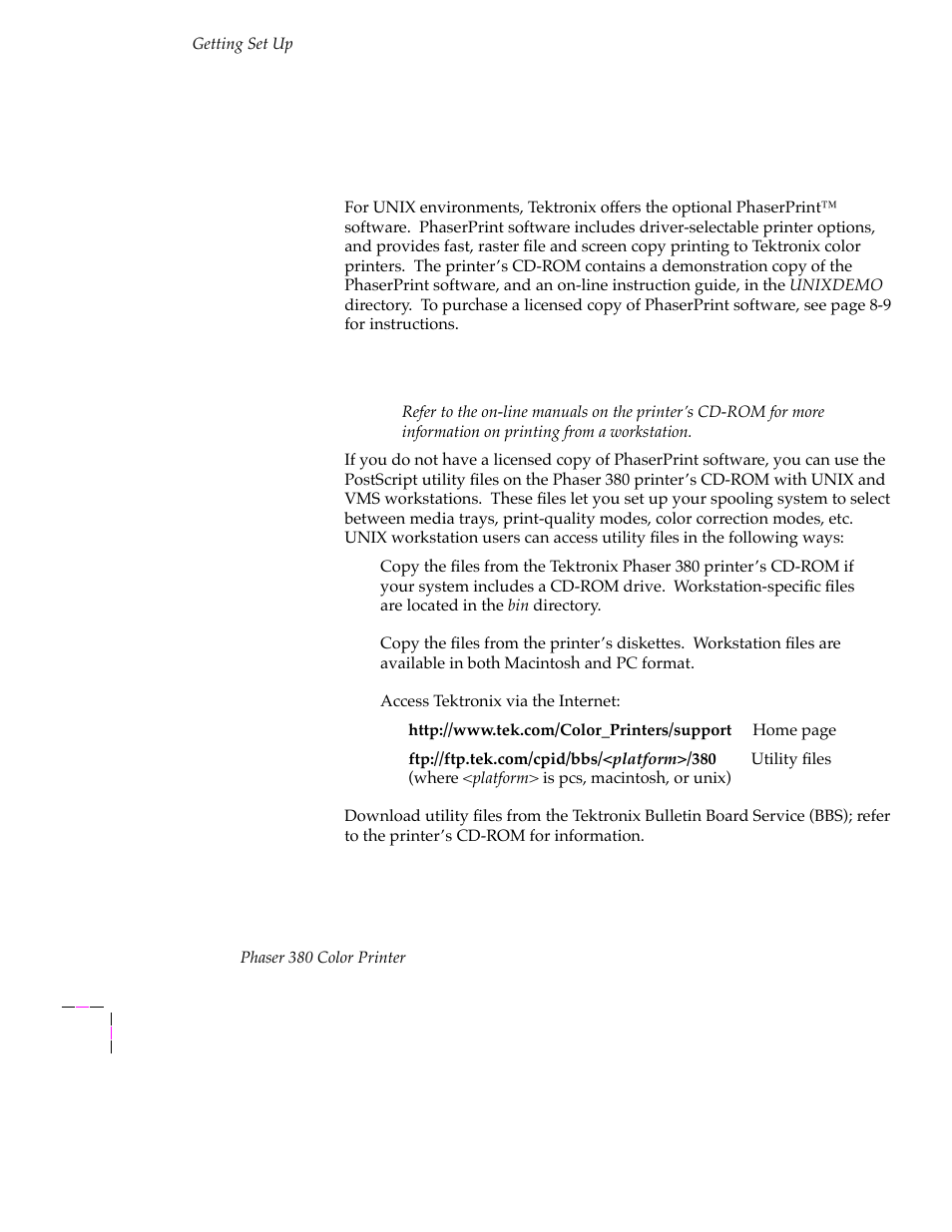 Workstation software, Phaserprint™ software for unix, Downloadable printer utility files | Workstation software 2-53 | Tektronix PHASER 380 User Manual | Page 70 / 272