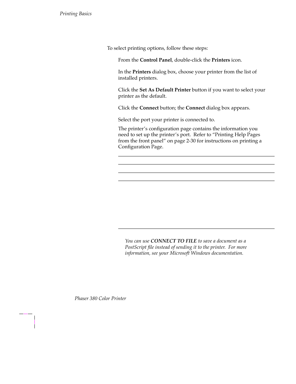 Using the tektronix driver for windows 3.1, Using the tektronix driver for windows 3.1 3-6 | Tektronix PHASER 380 User Manual | Page 76 / 272
