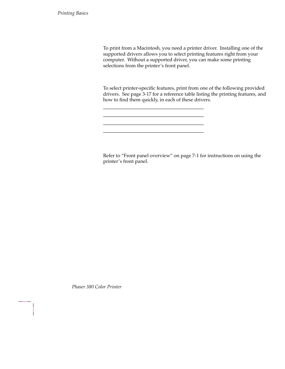 Printing from a macintosh, Using macintosh printer drivers, Using the printer’s front panel | Printing from a macintosh 3-16 | Tektronix PHASER 380 User Manual | Page 86 / 272