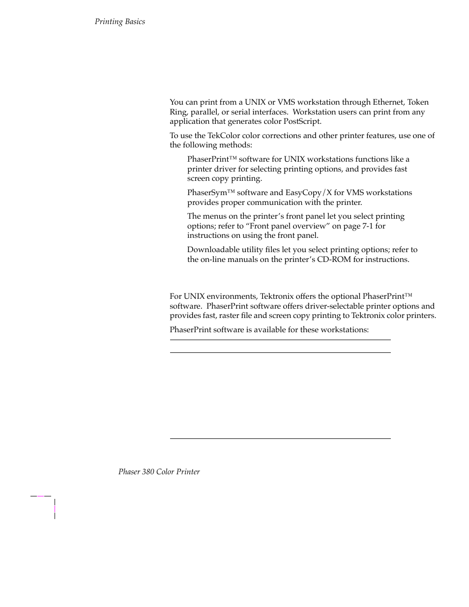 Printing from a workstation, Overview, Unix workstations | Printing from a workstation 3-20, Overview 3-20 unix workstations 3-20 | Tektronix PHASER 380 User Manual | Page 90 / 272