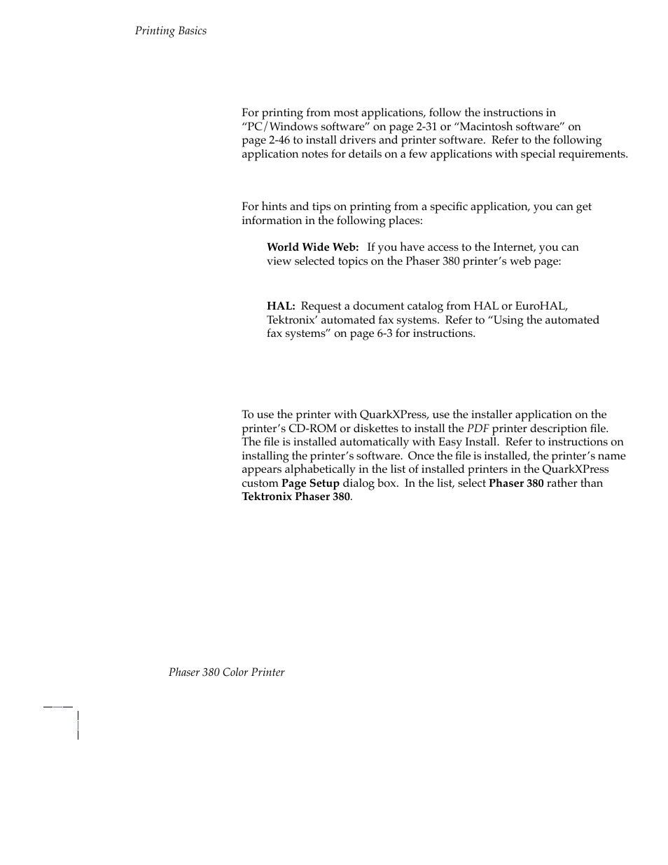 Printing from specific applications, General hints and tips, Applications tips | Printing from specific applications 3-22, General hints and tips 3-22 applications tips 3-22, Quarkxpress 3-22 | Tektronix PHASER 380 User Manual | Page 92 / 272