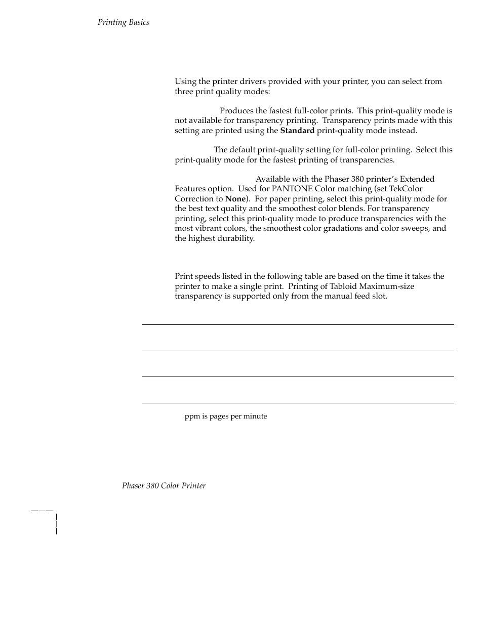 Print quality modes, Print speed, Print quality modes 3-26 | Print speed 3-26 | Tektronix PHASER 380 User Manual | Page 96 / 272