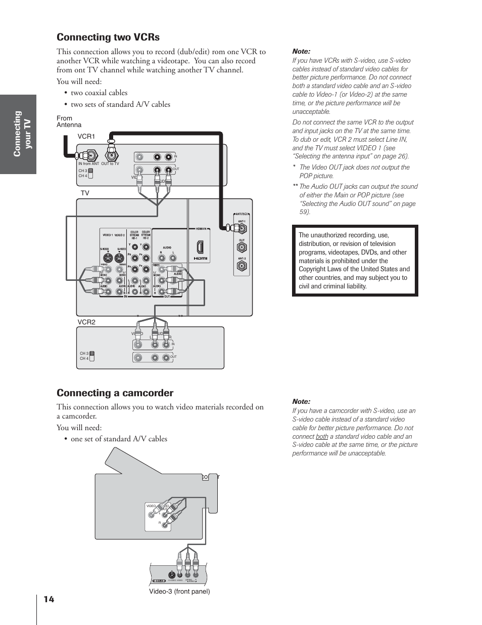 Connecting a camcorder, Connecting two vcrs | Toshiba 65NH84 User Manual | Page 14 / 68