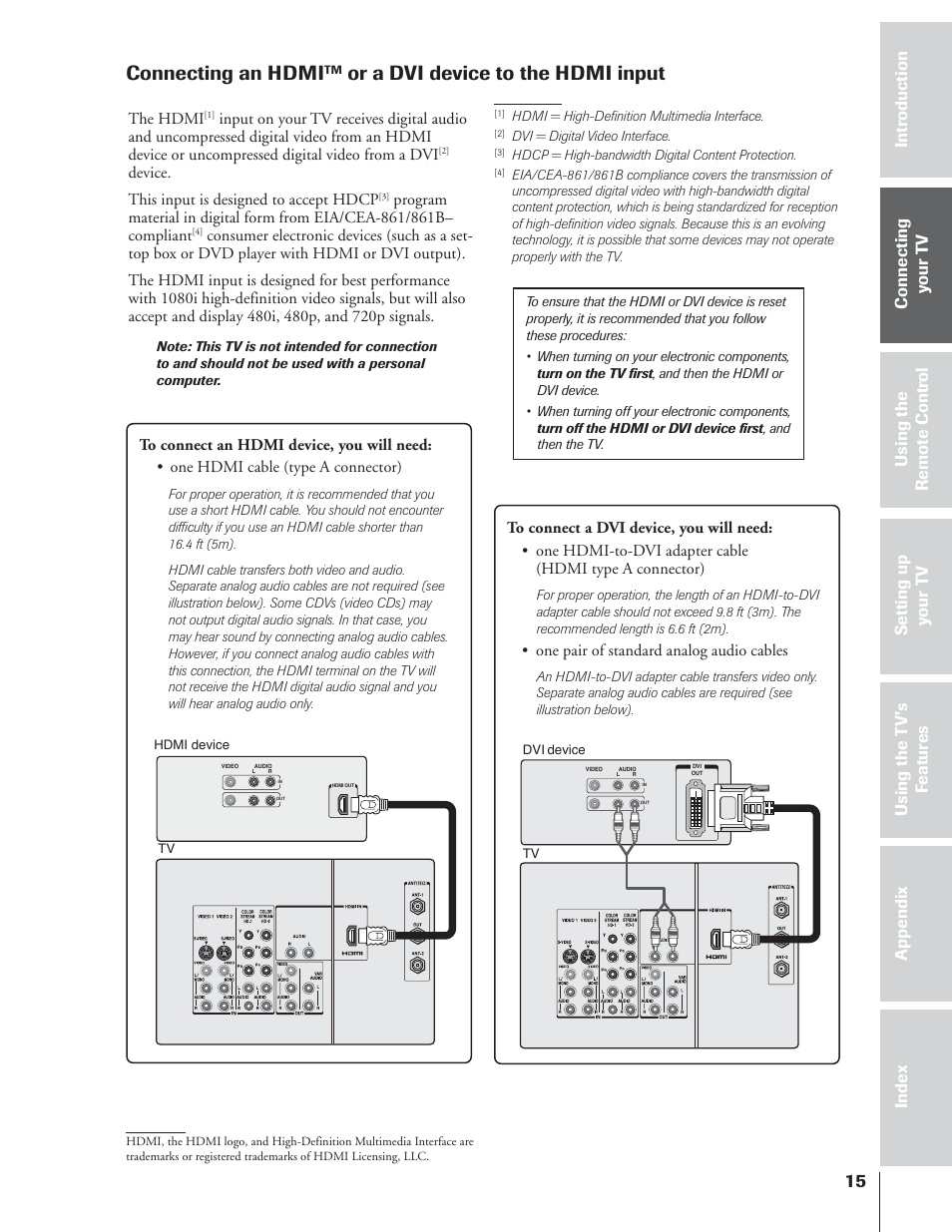 Connecting an hdmi, Or a dvi device to the hdmi input | Toshiba 65NH84 User Manual | Page 15 / 68