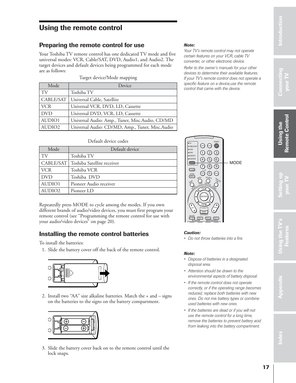 Using the remote control, Preparing the remote control for use, Installing the remote control batteries | Toshiba 65NH84 User Manual | Page 17 / 68
