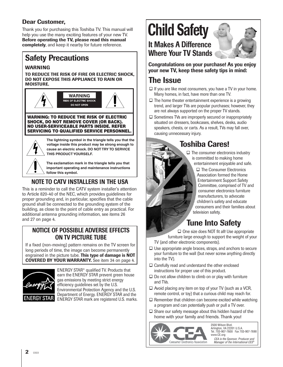 Child safety, It makes a difference where your tv stands, The issue | Toshiba cares, Tune into safety, Safety precautions | Toshiba 65NH84 User Manual | Page 2 / 68