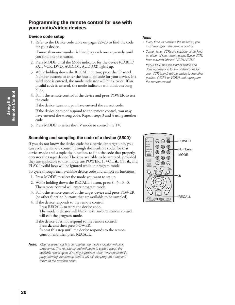 Device code setup, Searching and sampling the code of a device (8500) | Toshiba 65NH84 User Manual | Page 20 / 68