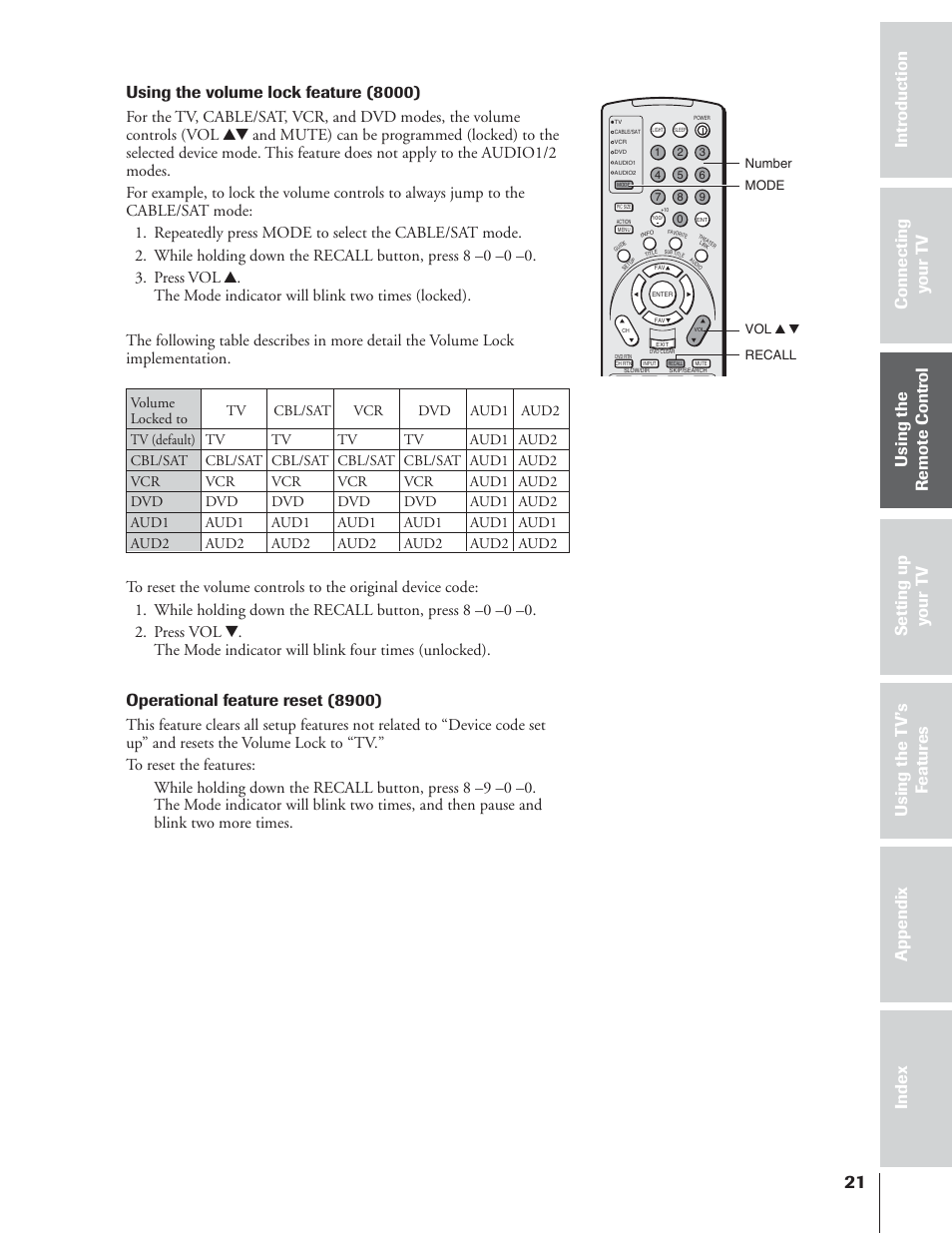 Using the volume lock feature (8000), Operational feature reset (8900) | Toshiba 65NH84 User Manual | Page 21 / 68