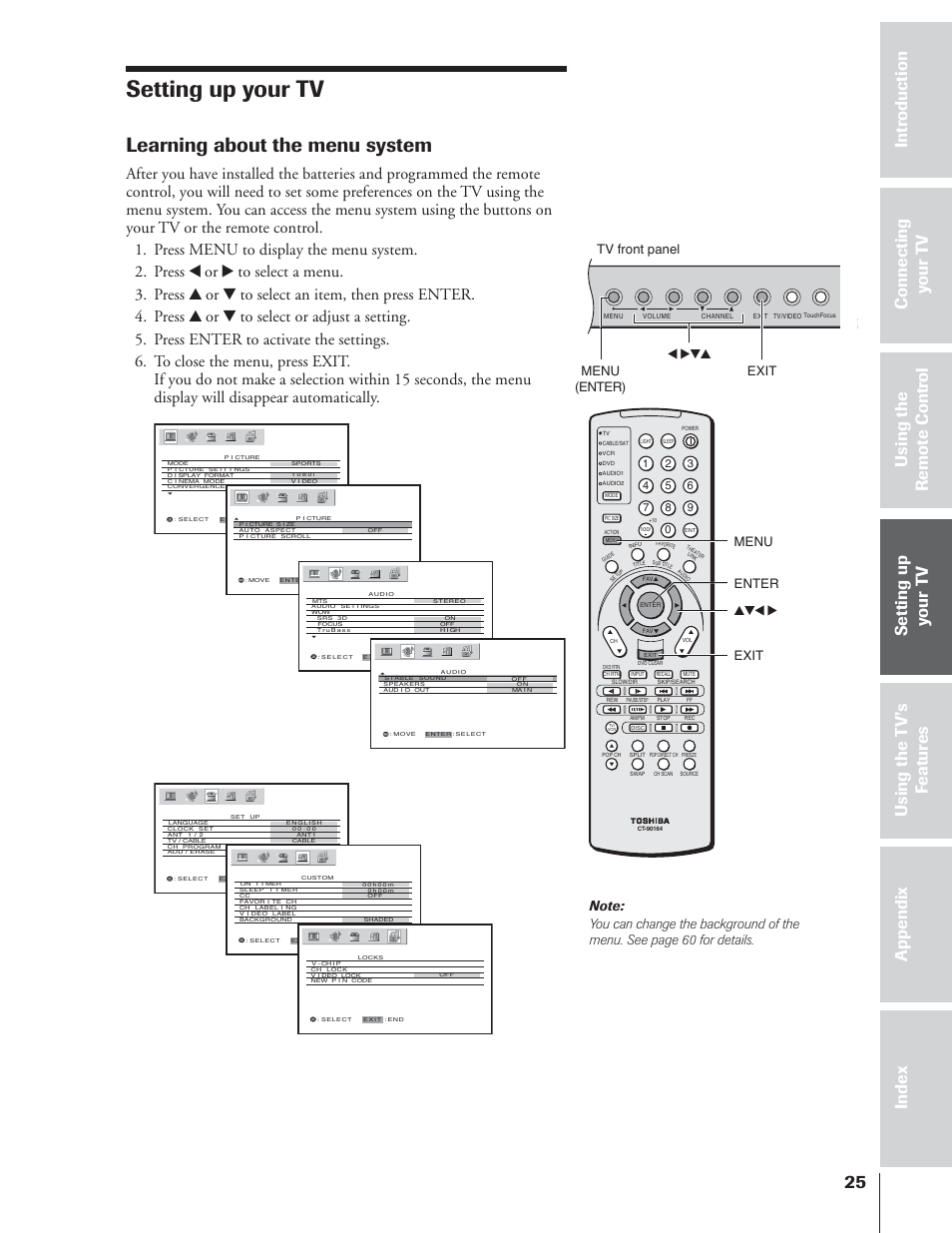 Setting up your tv, Learning about the menu system | Toshiba 65NH84 User Manual | Page 25 / 68