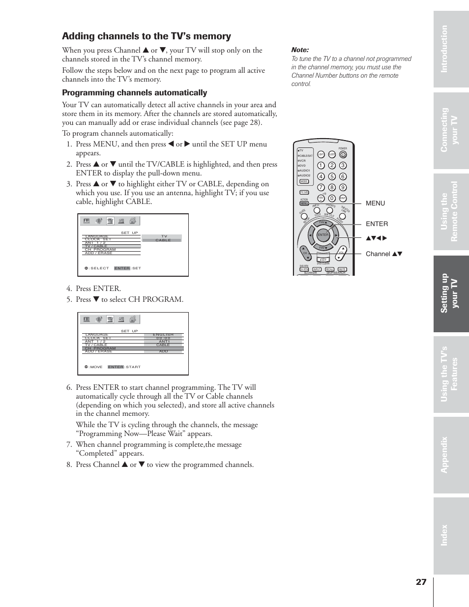 Programming channels automatically, Press enter. 5. press z to select ch program | Toshiba 65NH84 User Manual | Page 27 / 68