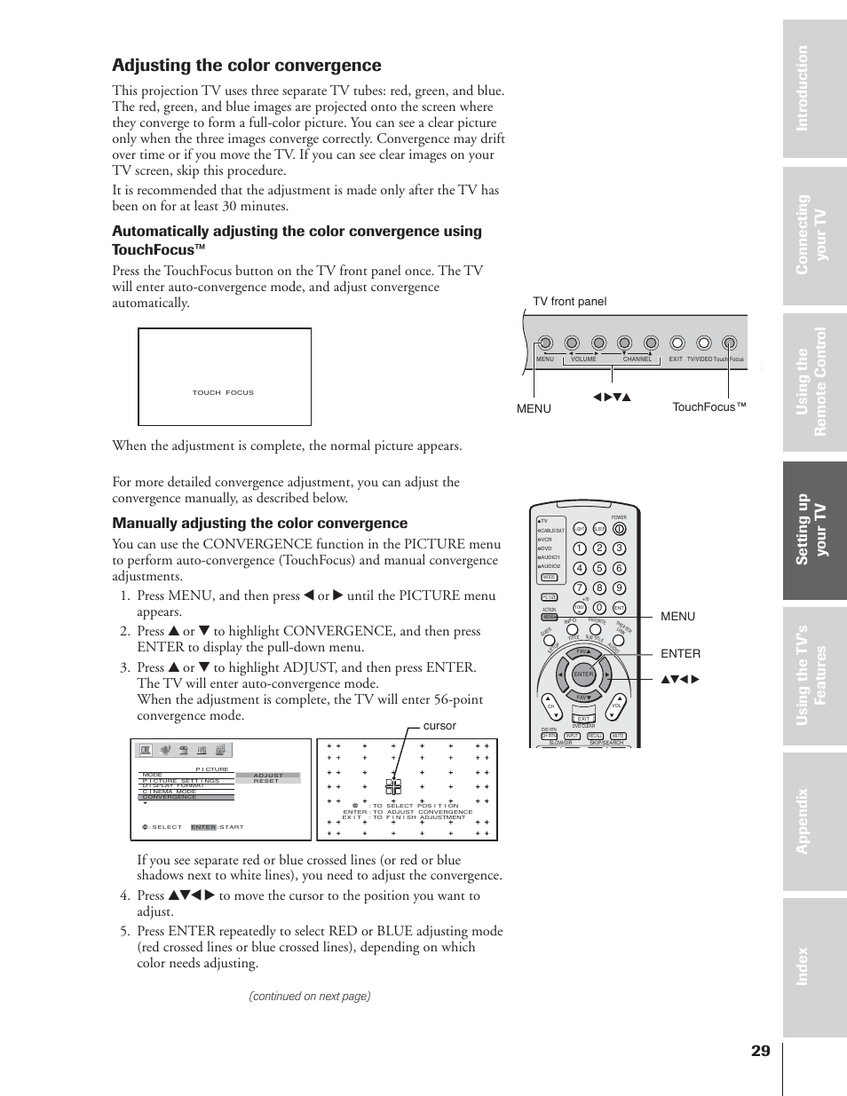 Adjusting the color convergence, Manually adjusting the color convergence, Continued on next page) | Toshiba 65NH84 User Manual | Page 29 / 68