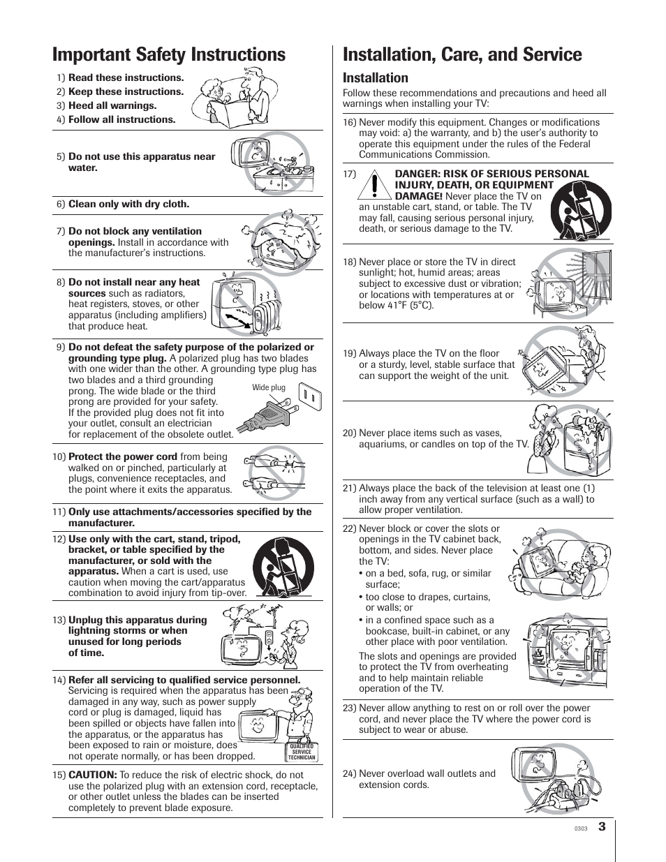 Installation, care, and service, Important safety instructions, Installation | Toshiba 65NH84 User Manual | Page 3 / 68